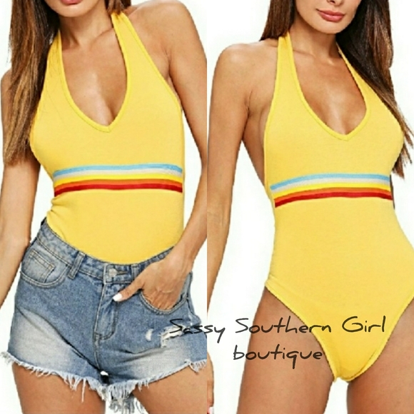 SG Boutique Tops - 🆕⭐Yellow retro rainbow halter bodysuit